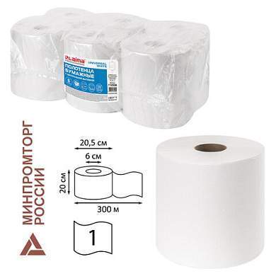 Полотенца бумажные с центральной вытяжкой 300 м, LAIMA (Система M2) UNIVERSAL WHITE, 1-слойные, белые, КОМПЛЕКТ 6 рулонов, 112506 (арт. 112506)