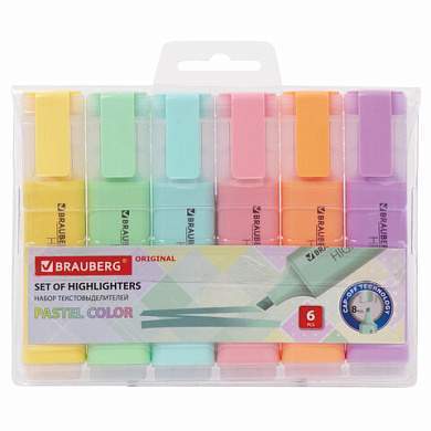 Набор текстовыделителей 6 ЦВЕТОВ, BRAUBERG "ORIGINAL PASTEL", линия письма 1-5 мм, 151698 (арт. 151698)