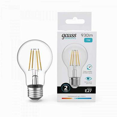 Gauss Elementary Filament ЛОН А60 Е27 11W(930lm) 4100К 105х60 филамент (нитевидная), прозр 22221 (арт. 894980)