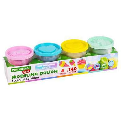 Пластилин-тесто для лепки BRAUBERG KIDS, 4 цвета, 560 г, пастельные цвета, крышки-штампики, 106717 (арт. 106717)