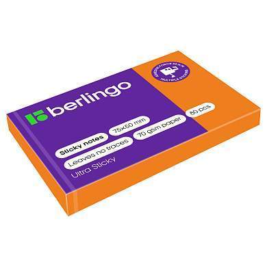 Самоклеящийся блок Berlingo "Ultra Sticky", 50*75мм, 80л., оранжевый неон (арт. 287184)