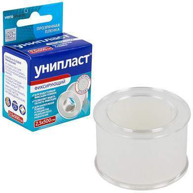 Лейкопластырь рулонный УНИПЛАСТ, 2,5х500 см, пленочная основа, катушка в картонной коробке, 20024378 (арт. 630904)