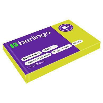 Самоклеящийся блок Berlingo "Ultra Sticky", 50*75мм, 80л., зеленый неон (арт. 287183)