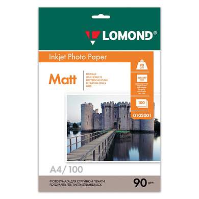 Фотобумага матовая, A4, 90 г/м2, односторонняя, 100 листов, LOMOND, 0102001 (арт. 360332)