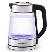 Чайник электрический SONNEN KT-6801, 1,8 л, 2200 Вт, термостойкое стекло текстура полоска, внутренняя подсветка синяя, нерж. сталь, 455143 (арт. 455143)