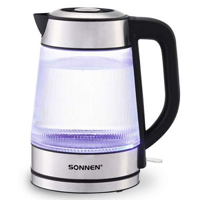 Чайник электрический SONNEN KT-6801, 1,8 л, 2200 Вт, термостойкое стекло текстура полоска, внутренняя подсветка синяя, нерж. сталь, 455143 (арт. 455143)