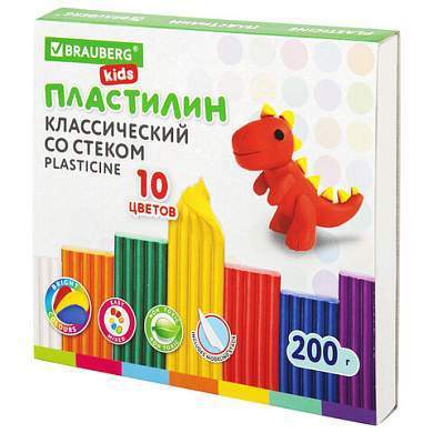 Пластилин классический BRAUBERG KIDS, 10 цветов, 200 г, со стеком, 106504 (арт. 106504)