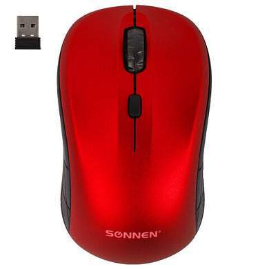 Мышь беспроводная SONNEN V-111, USB, 800/1200/1600 dpi, 4 кнопки, оптическая, красная, 513520 (арт. 513520)