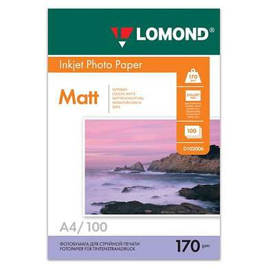 Фотобумага матовая, А4, 170 г/м2, двусторонняя, 100 листов, LOMOND, 0102006 (арт. 361577)