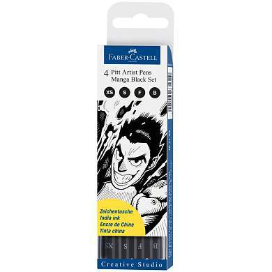 Набор капиллярных ручек Faber-Castell "Pitt Artist Pens Manga Black set" черные, 4шт., 0,1/0,3/0,5мм/Вrush, европодвес (арт. 285986)
