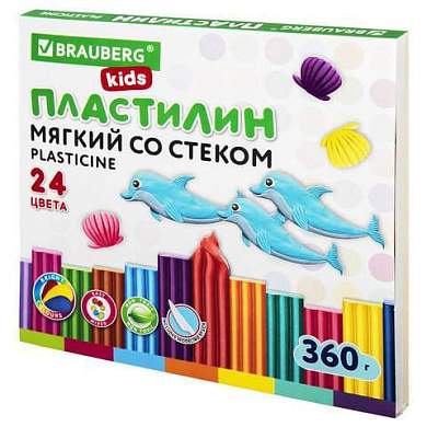 Пластилин мягкий восковой BRAUBERG KIDS, 24 цвета, 360 г, со стеком, 106498 (арт. 106498)