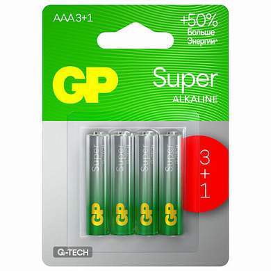 Батарейки КОМПЛЕКТ 4 шт., GP Super, AAA (LR03,24А), алкалиновые, мизинчиковые, ПРОМО 3+1, 24A3/1-2CR4 (арт. 455921)