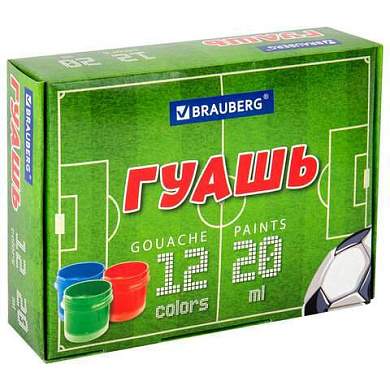 Гуашь BRAUBERG "Футбол", 12 цветов по 20 мл, 192566 (арт. 192566)