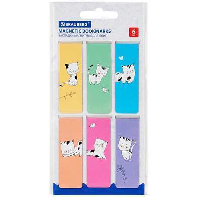 Закладки для книг МАГНИТНЫЕ, "CATS", набор 6 шт., 60x20 мм, BRAUBERG, 113159 (арт. 113159)