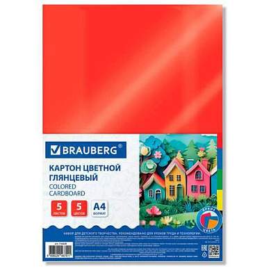 Картон цветной А4 МЕЛОВАННЫЙ, 5 листов 5 цветов, BRAUBERG, 200х290мм, Код 1С, 116628 (арт. 116628)