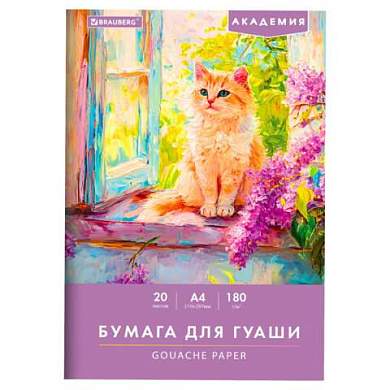 Бумага для гуаши А4 20 л., 180 г/м2, 210х297 мм, в папке, BRAUBERG АКАДЕМИЯ, "Котик", 117737 (арт. 117737)