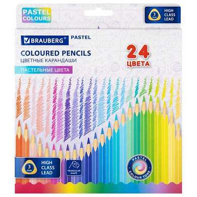 Карандаши цветные BRAUBERG PASTEL, 24 пастельных цвета, трехгранные, грифель 3 мм, натуральное дерево, 181851 (арт. 181851)