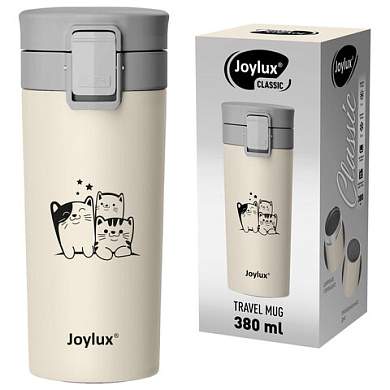 Термокружка 380 мл JOYLUX (ДЖОЙЛЮКС) CLASSIC CAT, нержавеющая сталь SUS304, бежевый с принтом, 700272 (арт. 700272)