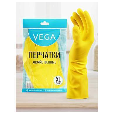 Перчатки резиновые хозяйственные Vega, многоразовые, хлопчатобумажное напыление, размер XL, желтые, пакет с европодвесом (арт. 299048)