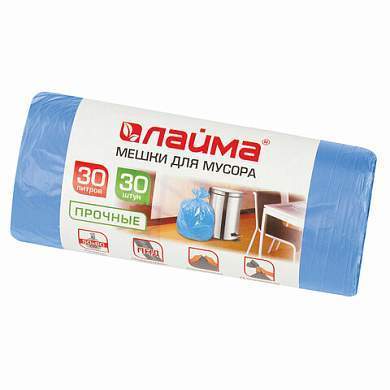 Мешки для мусора 30 л синие в рулоне 30 шт. прочные, ПНД 10 мкм, 50х60 см, LAIMA, 601378 (арт. 601378)