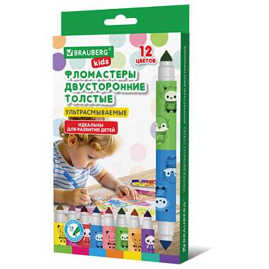 Фломастеры двусторонние толстые для малышей ультрасмываемые 6 штук / 12 цветов, BRAUBERG KIDS, 152625 (арт. 152625)