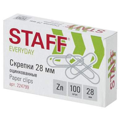 Скрепки STAFF "EVERYDAY", 28 мм, оцинкованные, 100 шт., в картонной коробке, 224799 (арт. 224799)