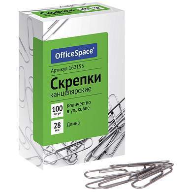 Скрепки 28мм, OfficeSpace, 100шт., карт. упаковка (арт. 162153)