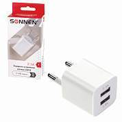 Зарядное устройство сетевое (220В) SONNEN, 2 порта USB, выходной ток 2,1 А, белое, 454797 (арт. 454797)