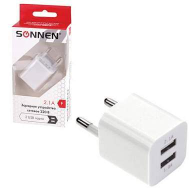 Зарядное устройство сетевое (220В) SONNEN, 2 порта USB, выходной ток 2,1 А, белое, 454797 (арт. 454797)