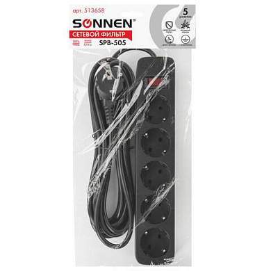 Сетевой фильтр SONNEN SPB-505, 5 розеток с заземлением, выключатель, 10 А, 5 м, черный, 513658 (арт. 513658)