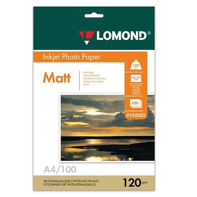 Фотобумага матовая, А4, 120 г/м2, односторонняя, 100 листов, LOMOND, 0102003 (арт. 360333)
