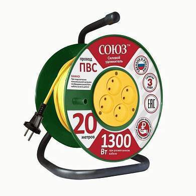 СОЮЗ силовой удлинитель на пласт. катуш. ПВС 2х0.75 4 роз. 20 м 6А 481S-3102 (арт. 381004)