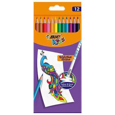 Карандаши цветные стираемые с ластиком BIC "Kids Evolution Illusion", 12 цветов, круглые, 987868 (арт. 181846)