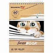 Скетчбук, белая бумага 100 г/м2, 140х201 мм, 60 л., гребень, жёсткая подложка, BRAUBERG ART DEBUT, "Котик!", 115062 (арт. 115062)