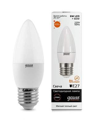 Gauss Elementary Свеча E27 6W(420lm) 3000K 2K 100x37 матовая, пластик/алюм. 33216 (арт. 421152)