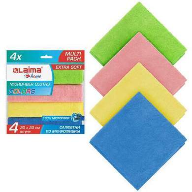 Салфетка из МИКРОФИБРЫ универсальная 30х30 см, КОМПЛЕКТ 4 шт., MULTI PRO COLOUR, 280 г/м2, LAIMA, 607792 (арт. 607792)