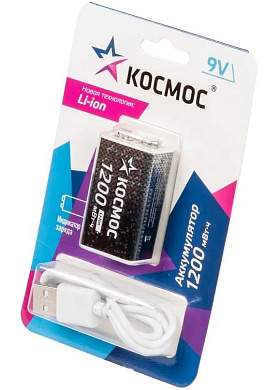 Аккумулятор Космос 6F22/Крона/9V Li-ion 1200mWh (~1000mAh) прямой заряд через USB-C BL1 KOCLi9V1200mAh1BL (арт. 913546)