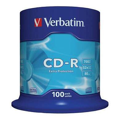 Диски CD-R VERBATIM 700 Mb 52х Cake Box (упаковка на шпиле), КОМПЛЕКТ 100 шт., 43411 (арт. 511899)