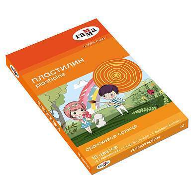 Пластилин Гамма "Оранжевое солнце", 18 цветов (6 классич., 6 флуор., 6 перл.), 234г, со стеком, картон. упаковка (арт. 312970)