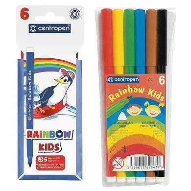 Фломастеры Centropen "Rainbow Kids", 06цв., трехгранные, смываемые, ПВХ (арт. 214287)