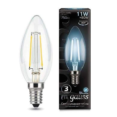 Gauss Filament Свеча E14 11W 830lm 4100K 4K прозр. филамент (нитевидная) 103801211 (арт. 677158)