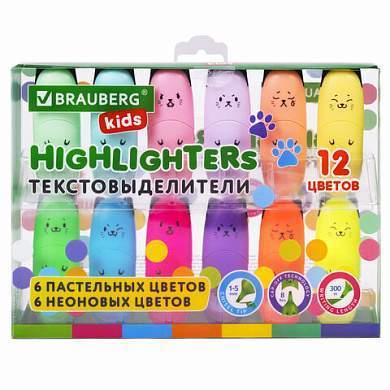 Набор текстовыделителей мини 12 ЦВЕТОВ BRAUBERG KIDS "CUTE CATS", линия 1-5 мм, 152437 (арт. 152437)