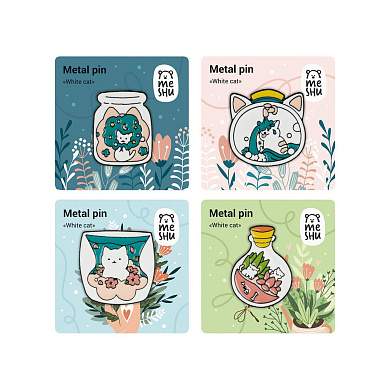 Набор металлических значков MESHU "White cats", эмаль, 4шт, картонная подложка, европодвес (арт. 368834)