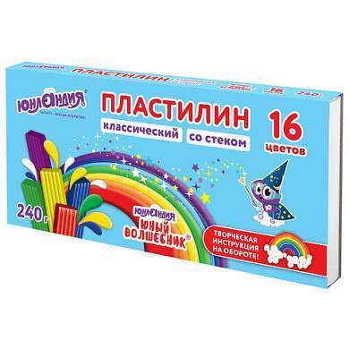 Пластилин классический ЮНЛАНДИЯ "ЮНЫЙ ВОЛШЕБНИК", 16 цветов, 240 грамм, СО СТЕКОМ, ВЫСШЕЕ КАЧЕСТВО, 106430 (арт. 106430)
